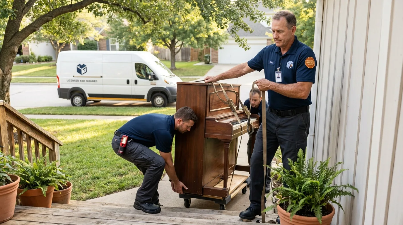 Licensed piano movers securing grand piano in Grundy Center, IA