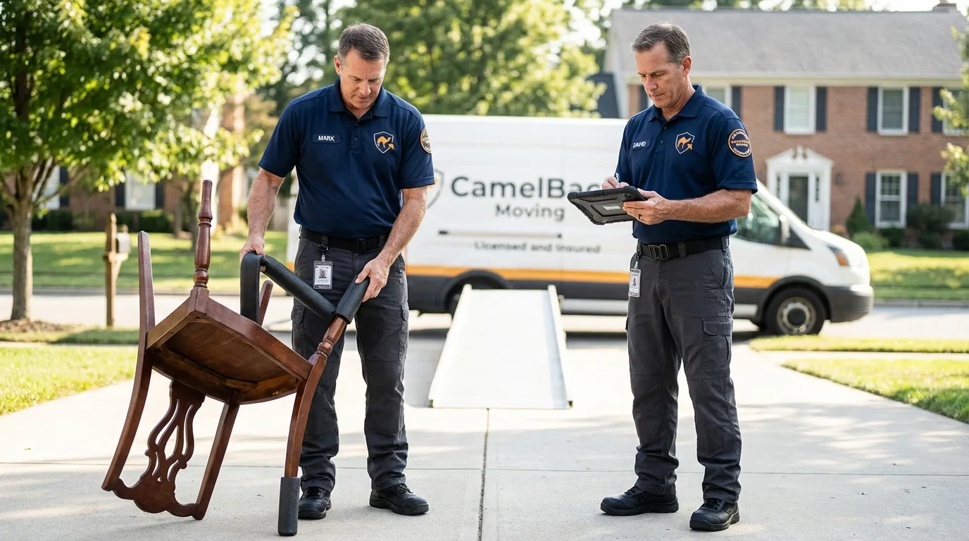 Movers inspecting furniture for damage prevention before loading in Grundy Center, IA