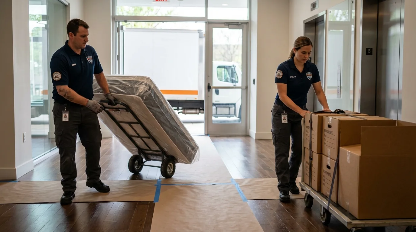 Professional apartment movers loading elevator in Grundy Center, IA