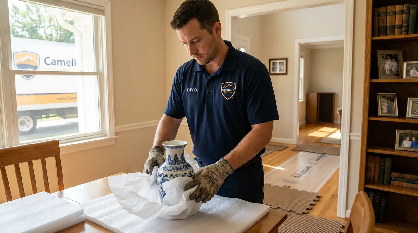 Professional crew carefully wrapping antique vase for senior downsizing move in Grundy Center, IA